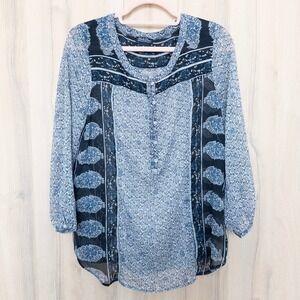 Lucky Brand Womens Blouse Size M Blue Floral Boho Peasant Festival Sheer Casual